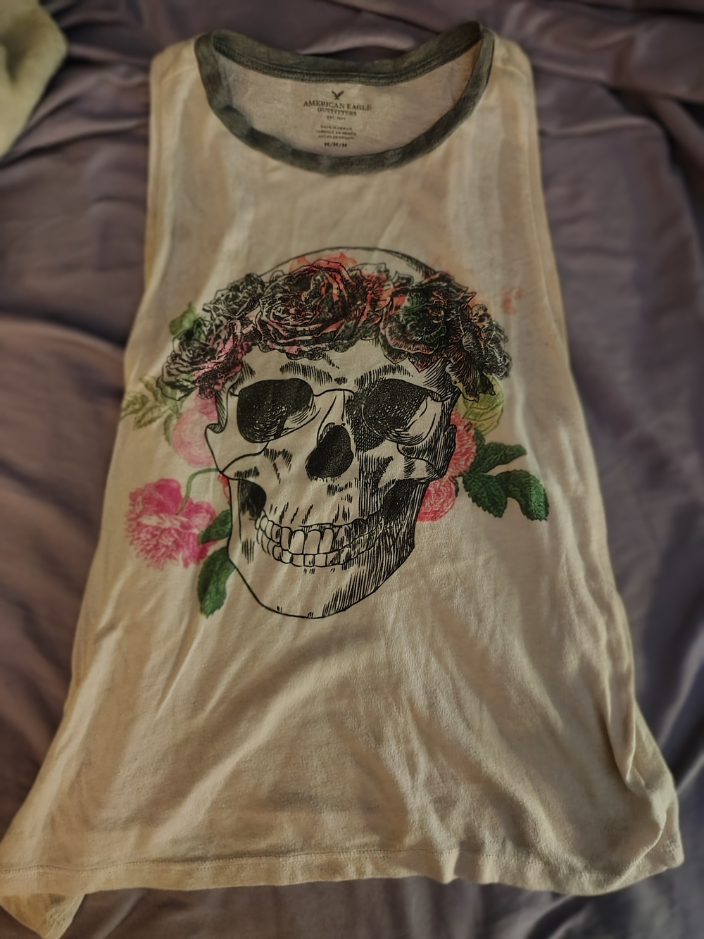 Women's Skull And Flowers American Eagle Outfitters Gray Ringer Neck Tank Top